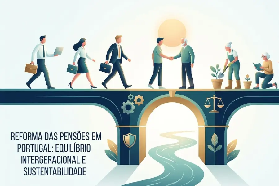Ilustração sobre a reforma de pensões em Portugal, com diferentes gerações e símbolos de equilíbrio e sustentabilidade.